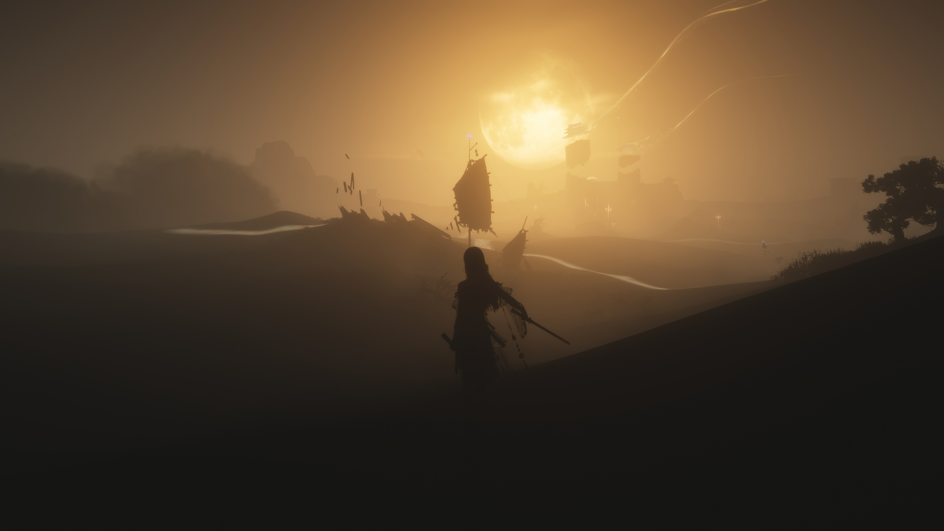 Lone swordsman atop a misty peak