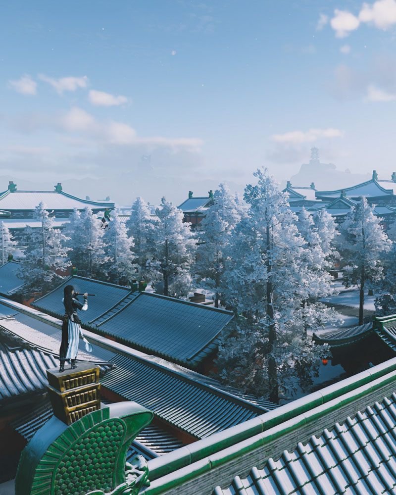 Demeure chinoise traditionnelle avec jardin et bassin au crépuscule